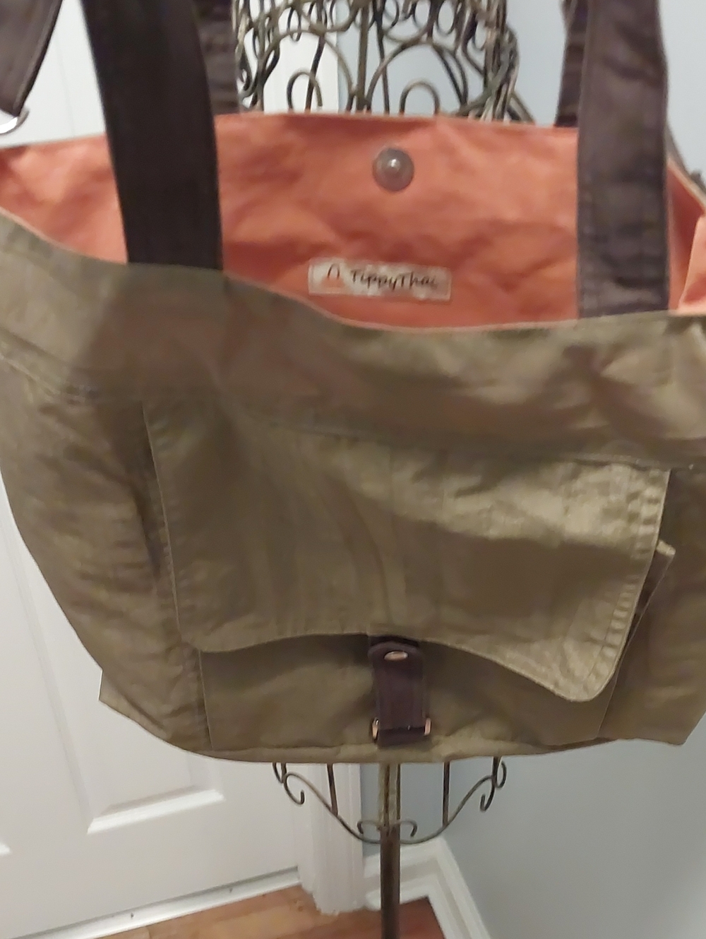 Olive Canvas Tote with Orange Interior and Dark Brown Straps